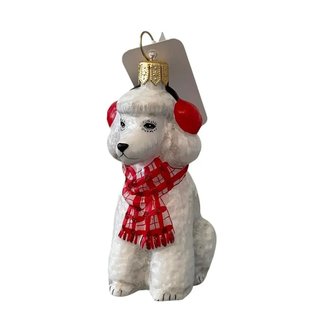 Neiman Marcus White Poodle Wearing Red Scarf & Earmuffs Christmas Ornament NEW